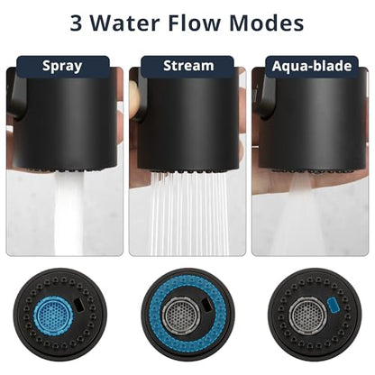 Pull Down Kitchen Faucet Head Replacement, 3 Function Pull Out Sprayer Head Nozzle with 9 Adapters for Kitchen Sink Faucet American Standard, Matte Black - color: Matte Black