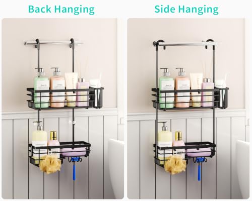 HapiRm Hanging Shower Caddy – For Renters & Small Bathrooms, Fits Shower Curtain Rods, No Drilling, 2 Rustproof 304 Shelves, 4 Hooks, and a Detachable Toothbrush Holder You Can Rinse - Black - color: Black