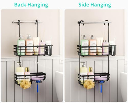 HapiRm Hanging Shower Caddy – For Renters & Small Bathrooms, Fits Shower Curtain Rods, No Drilling, 2 Rustproof 304 Shelves, 4 Hooks, and a Detachable Toothbrush Holder You Can Rinse - Black - color: Black