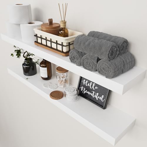 Solid Wood Floating Shelves for Wall 36 Inches Long, White Wooden Shelf | Real Wood, Wall Mounted, Heavy Duty Shelf 36 Inch Large, Bathroom Bedroom Kitchen Rustic, White Finish, 36W × 6.7D, Set of 2 - color: White, size: 36 Inch