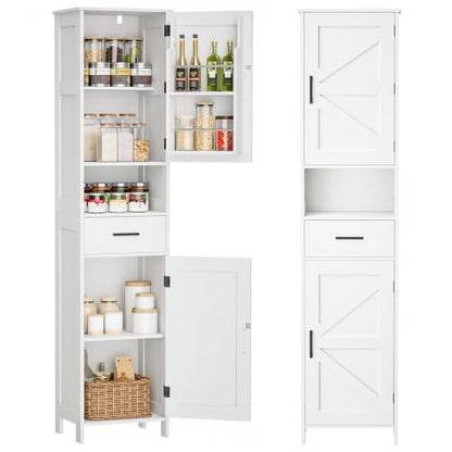 67" Tall Bathroom Storage Cabinet with Adjustable Shelf, Narrow Cabinet | Farmhouse Kitchen Cabinet with 2 Doors, Narrow Floor Cabinet for Kitchen, Bathroom, Dining Room, Laundry Room, White