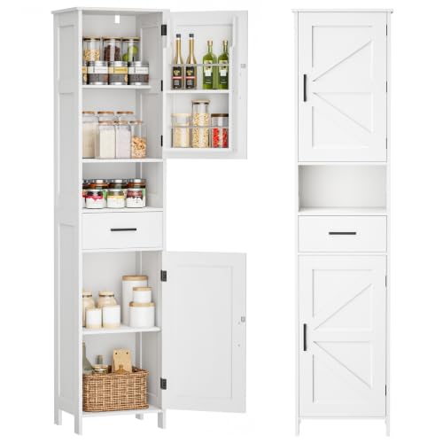 67" Tall Bathroom Storage Cabinet with Adjustable Shelf, Narrow Cabinet | Farmhouse Kitchen Cabinet with 2 Doors, Narrow Floor Cabinet for Kitchen, Bathroom, Dining Room, Laundry Room, White