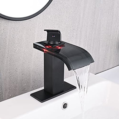 AVSIILE LED Bathroom Sink Faucet, Matte Black Waterfall Single Hole Handle Vanity Faucets for Sinks 1 Hole with Metal Pop Up Drain and 2 Water Supply Lines, Wide Glass Spout - color: Matte Black