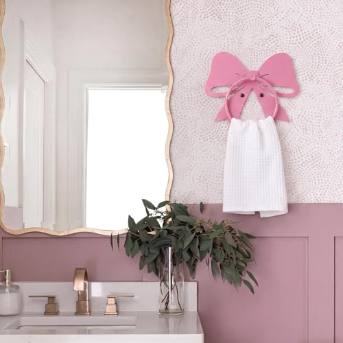 Pelopy Pink Bow Towel Holder for Bathroom Coquette Metal Towel Ring Hanger Wall Mounted Pink Bow Bathroom Decor Heavy Duty for Women Girls Kitchen Home Decor Gift - style: Pink Bow