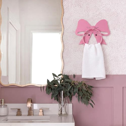 Pelopy Pink Bow Towel Holder for Bathroom Coquette Metal Towel Ring Hanger Wall Mounted Pink Bow Bathroom Decor Heavy Duty for Women Girls Kitchen Home Decor Gift - style: Pink Bow