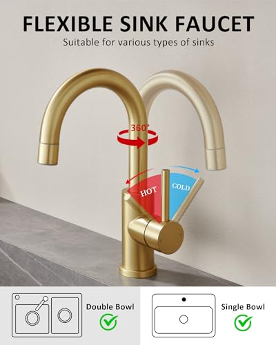 Tohlar Gold Bathroom Faucet with 2 Mode Sprayer | Single Hole Bar Sink Faucet, 360° Swivel, with Pop Up Drain, for Vanity RV Laundry - color: Brushed Gold