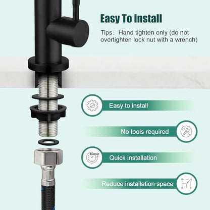 Heyalan SUS304 Cold Water Bar Sink Faucet, Single Handle,Matte Black | SUS304 stainless steel, high-arc gooseneck, single-hole deck mount, 24-inch supply hose, 2.5-inch shank, 1.8 GPM - color: Matte Black