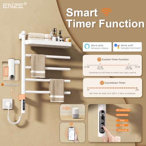 Smart Rotating Heated Towel Rack, 4-Bar, White | Wall-Mounted Electric Towel Warmer, Swivel Shelf, Wi-Fi App Control, 24H Timer, Stainless Steel - color: White 17.72"x26.77"