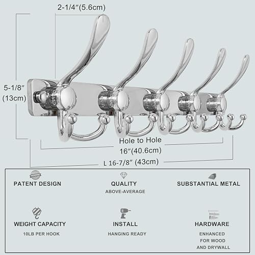 Coat Rack Wall Mount, Heavy Duty 12-Gauge Base vs Flimsy 1mm, Double-Thick Solid Anti-Snap Hooks, 16” Stud-Mount, Stainless Steel Hanger for Clothes Hat Entryway Closet, Chromed, Pack of 2 - color: Chromed, size: L=17" (2pcs)