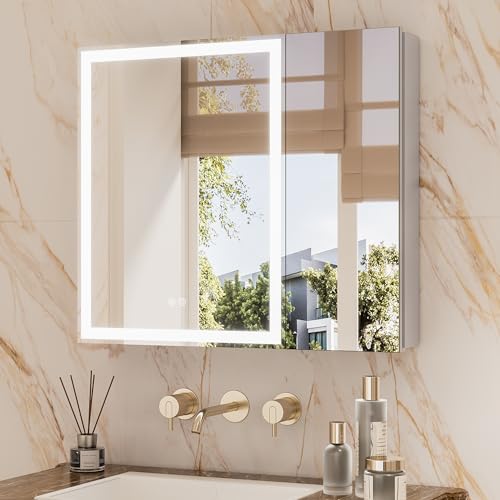 TETOTE 30 x 26 LED Lighted Medicine Cabinet with Mirror with Adjustable Shelves, Silver Aluminum Cabinet, Anti-Fog Stepless Dimmable 3 Colors White/Warm/Natural, Easy to Install(Wall Mount/Recessed) - color: Silver, size: 26"L x 30"W