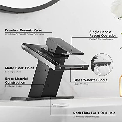 Black Waterfall Glass Spout Bathroom Faucet with Cover Plate Deck Mount | Single Handle One Hole Bath Sink Faucet Vanity Lavatory Basin Mixer Tap - color: Black, style: No Led