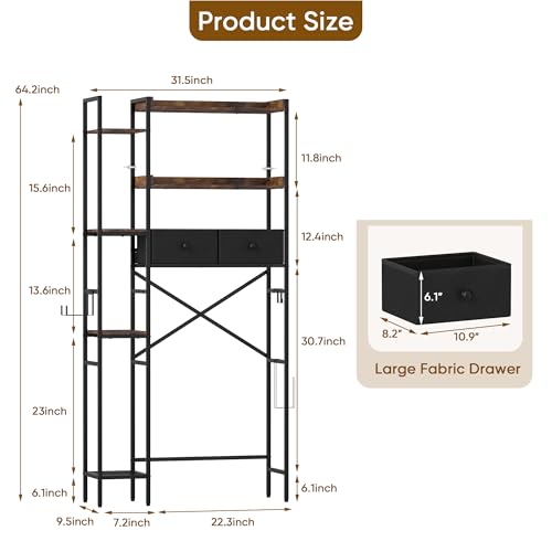 Over The Toilet Storage Rack, 7-Tier Over Toilet Bathroom Organizer with Adjustable Shelf, Above Toilet Storage with Hooks, Space-Saving, Brown Shelf - size: 7 Tier-Brown