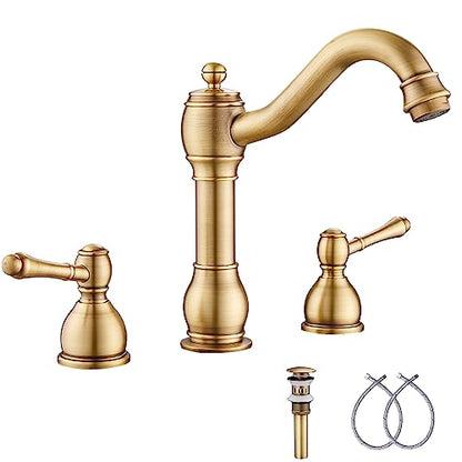 2 Handles 3 Holes Faucet Widespread Bathroom Sink Faucet Basin Tap Mixer Supply Hose Included Matching Pop Up Drain Antique Brass - color: Antique Brass, size: Widespread
