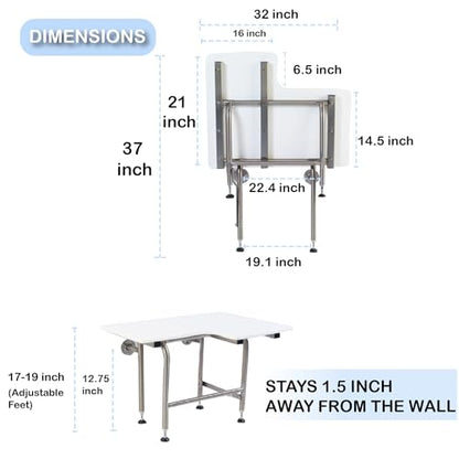 HDP Shower Seat With Legs - ADA Heavy Duty Chair for Inside Shower 600lbs | 304 Stainless Steel | for Elderly and Disabled | Folding Wall Mounted | 32" x21" Left Hand - size: 32 Left