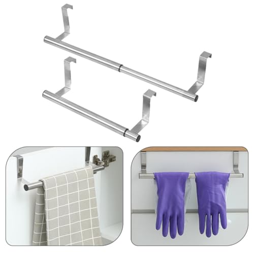 GLEAVI 2pcs Stainless Steel Stretch Towel Bars Adjustable Over Cabinet Door Hand Towel and Dish Cloth Holders Kitchen and Bathroom Rack Organizer