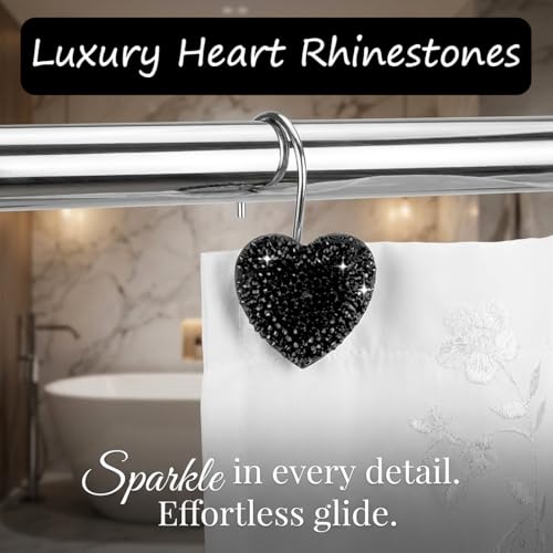 Black Heart Shower Curtain Hooks Sparkling Shower Hooks with Crystal Rhinestones - Stainless Steel Rust Resistant Hooks Holder Bling for Gothic Bathroom Accessories - color: Black