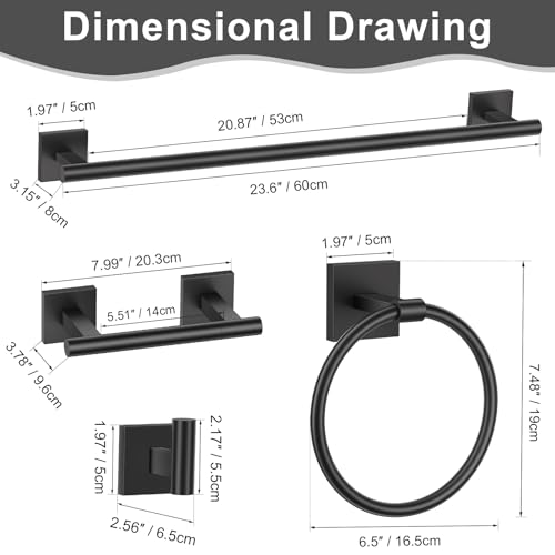 10 Pieces Matte Black Towel Bar Set, Double Dase Toilet Paper Holder Bathroom Hardware Set, 23.6 Inch Stainless Steel Towel Rack for Bathroom Wall Mounted - color: Matte Black, size: 10pieces B