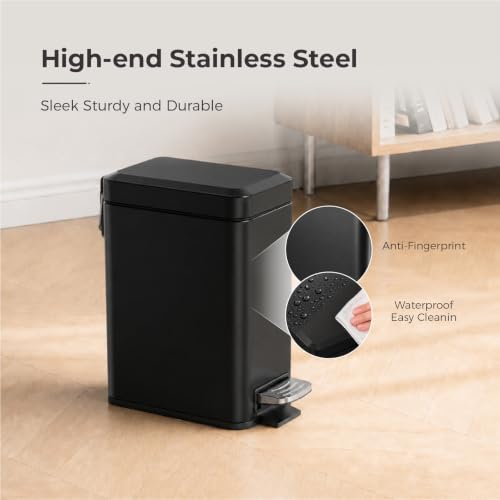 Sineng Bathroom Trash Can with Lid Soft Close, 1.6 Gallon Stainless Steel Small Pedal Garbage Can with Removable Inner Bucket, Waste Bin for Kitchen Bedroom, Compact Toilet Trash bin, Black - color: Black