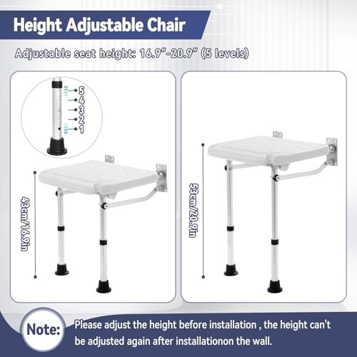 TYYIHUA Folding Shower Seat Wall Mounted, Shower Chair for Inside Shower | Adjustable Height from 16.9" to 20.9", Foldable Shower Bench Stool for Adults, Pregnant Women, Elderly and Disabled