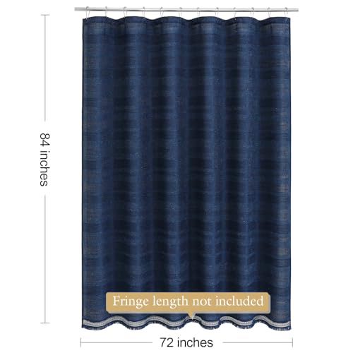 Extra Long Boho Farmhouse Shower Curtain with Tassel, Linen Bohemian French Country Chic Bathroom Shower Curtain Set, Modern Striped Textured Shower Curtain 72x84 - Navy Blue - color: Navy, size: 72"W x 84"L (Pack of 1)