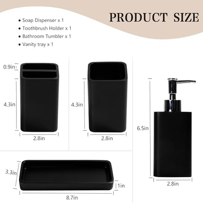 Bathroom Accessories Set, 4 Piece Toothbrush Holder Set - Black | Bathroom Accessory Set with Soap Dispenser, Toothbrush Holder, Tumbler, Vanity Tray, Bathroom Sink Set for Modern Home Decor - style: Black
