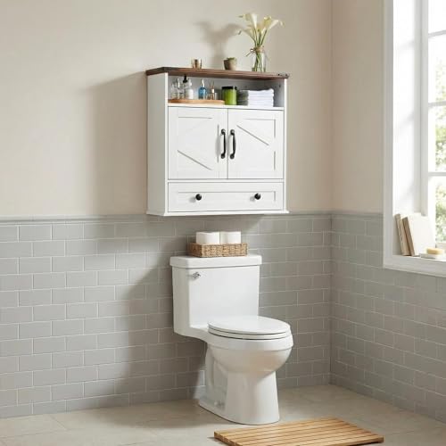 Bathroom Cabinet with Double Barn Doors – Wall Mounted Medicine Cabinet over Toilet with Adjustable Shelf & Drawer, 25" Wide Hangging Storage Cabinet for Bathroom, Kitchen, Laundry, Entryway White - color: White