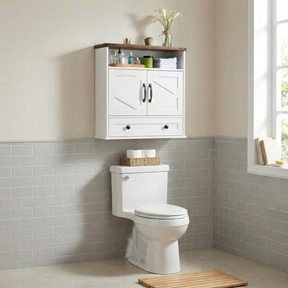Bathroom Cabinet with Double Barn Doors – Wall Mounted Medicine Cabinet over Toilet with Adjustable Shelf & Drawer, 25" Wide Hangging Storage Cabinet for Bathroom, Kitchen, Laundry, Entryway White - color: White