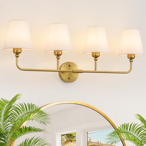 Bathroom Light Fixtures, 4-Light Brushed Gold Vanity Lights, 34" Bathroom Lighting Fixtures Over Mirror with White Flared Fabric Shade, Modern Wall Sconces for Bathroom Bedroom Living Room Hallway - color: Brushed Gold, size: 4-Light