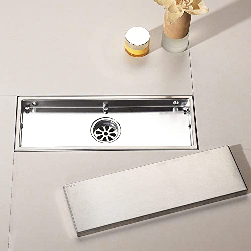 12 Inch Brushed Nickel Linear Shower Drain Pipe with Tile Insert Grille, Removable Hidden Cover, SUS304 Stainless Steel Rectangular Floor Drain - color: Brushed Nickel