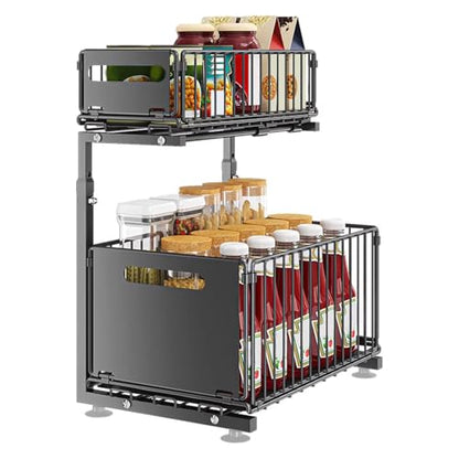 CuisinSmart Pull Out Cabinet Organizer, 2 Tier Under Sink Organizer, Slide Out Metal Kitchen Drawer Shelf, Storage Shelves for Home Laundry Room RV Pantry Spice Black