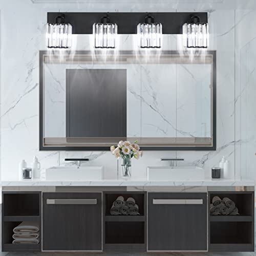 Aipsun Black Light Fixtures Bathroom Vanity Light Crystal Modern Vanity Light for Bathroom 4 Light (Exclude Bulb) - color: Black, size: 32 inch