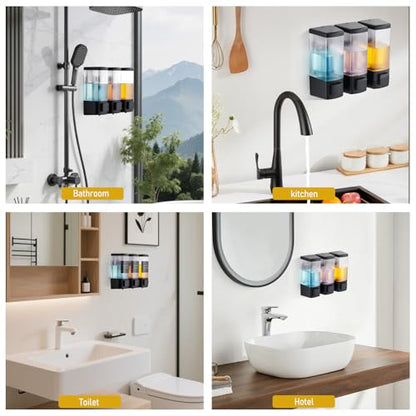 Pollock Shampoo and Conditioner Dispenser 3 Chamber * 500ML | Shower Soap Dispenser Wall Mounted, Body Wash Dispenser No Drill, Refillable Shower Dispenser for Bathroom - color: Blk-zt-53-b3