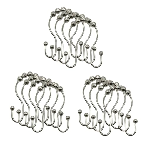 12Pcs Stainless Shower Curtain Hooks,Rust Proof Anti-Drop Curtain Hooks,Sturdy Metal Shower Curtain Rings,Glide Roller Double Shower Hooks,Smooth Sliding Rings for Bathroom Shower Rods Curtains,Silver