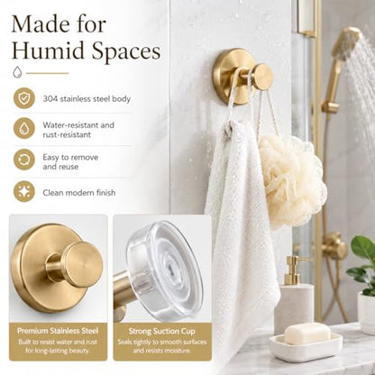 Suction Cup Hooks Removable Shower Hooks, 4Pcs Metal Towel Hooks for Bathroom Window Glass Wall Door Can Hang Various Towels Bath Towels Keychains, Gold Front Door Wreath Hanger, No-Drill Waterproof - color: Gold