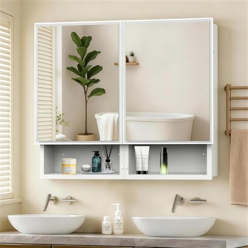 32x26 Inch Bathroom Medicine Cabinet with Mirror, Double Door Wall Mounted Storage with Extra Drawers, Bevel Edge Mirror, Adjustable Shelves, for Recessed or Surface Mount Installation - style: CS5003-3226