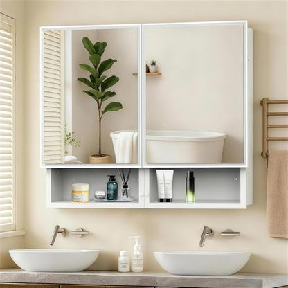 32x26 Inch Bathroom Medicine Cabinet with Mirror, Double Door Wall Mounted Storage with Extra Drawers, Bevel Edge Mirror, Adjustable Shelves, for Recessed or Surface Mount Installation - style: CS5003-3226