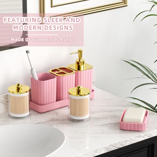 XLHOMO Bathroom Accessory Set - Gorgeous Bathroom Set, 7PC Pink Bathroom Set, Soap Dispenser, Toothbrush Holder, Qtip Holder Set, Bathroom Sets Complete, Bathroom Sink Set for Home Decor - style: Pink&Gold