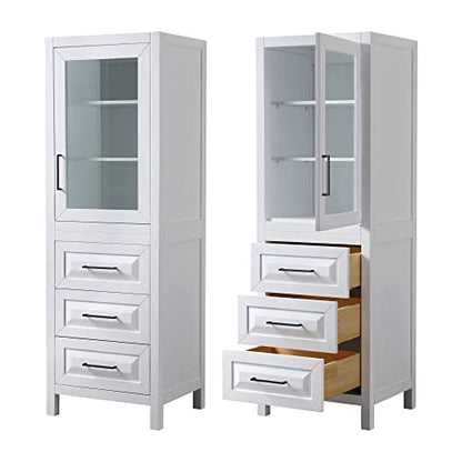Wyndham Collection Daria Linen Tower in White with Matte Black Trim, Shelved Cabinet Storage, and 3 Drawers