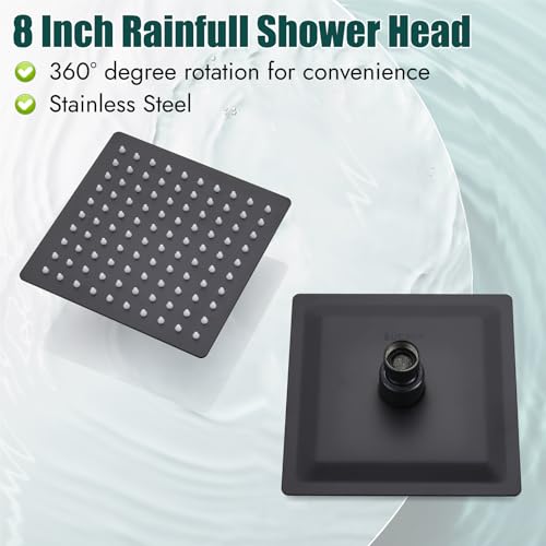Heyalan 8 Inch Square Rain Shower Faucet Set with Valve, Matte Black | Female-thread 1/2-inch NPT connections, SUS304 shower head, brass rough-in valve, single-handle control Shower Set - color: Black, size: 8 Inch Square Shower Head