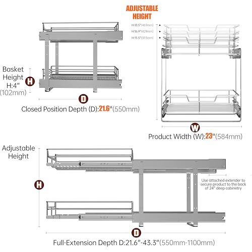 2-Tier Pull Out Cabinet Organizer, 23" W x 22" D, Chrome | Heavy-Gauge Wire Slide Out Shelves, 100 lbs Capacity, Ball-Bearing Glides, Min 24" Opening, For Heavy Appliances - size: 23 x 22 Inch