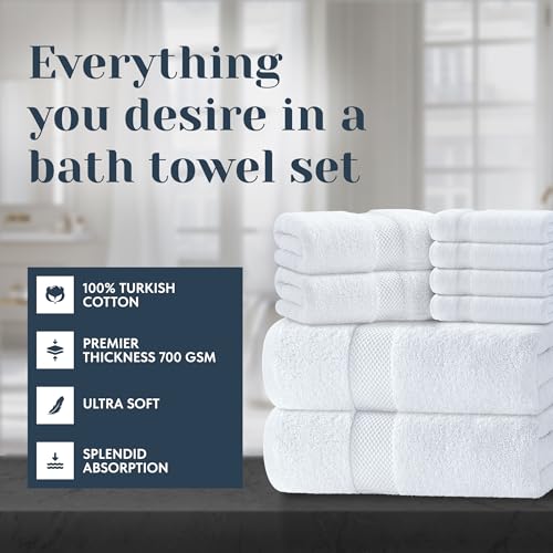 Luxury White Bath Towel Set of 8 Pieces - 100% Turkish Cotton 700 GSM Highly Absorbent Towels for Bathroom, 2 Bath Towels, 2 Hand Towels, 4 Washcloths - color: 01: White