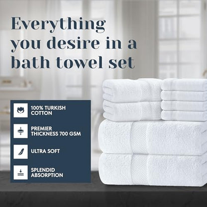 Luxury White Bath Towel Set of 8 Pieces - 100% Turkish Cotton 700 GSM Highly Absorbent Towels for Bathroom, 2 Bath Towels, 2 Hand Towels, 4 Washcloths - color: 01: White