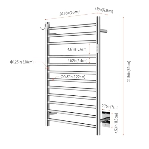 Wall Mounted Towel Warmer 12 Bars with Plug-in and Hardwired Options 3 Working Modes Mirror Polished Stainless Steel 21”W 34”H - color: Mirror Polish