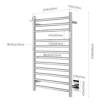 Wall Mounted Towel Warmer 12 Bars with Plug-in and Hardwired Options 3 Working Modes Mirror Polished Stainless Steel 21”W 34”H - color: Mirror Polish