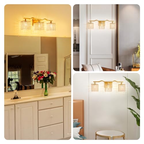 WUZUPS 3-Light Bathroom Light Fixture Over Mirror Morden Vanity Wall Sconces Light Clear Crystal Drop for Bedroom Living Room, E12 Base, Gold - color: Gold Wall light