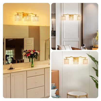 WUZUPS 3-Light Bathroom Light Fixture Over Mirror Morden Vanity Wall Sconces Light Clear Crystal Drop for Bedroom Living Room, E12 Base, Gold - color: Gold Wall light