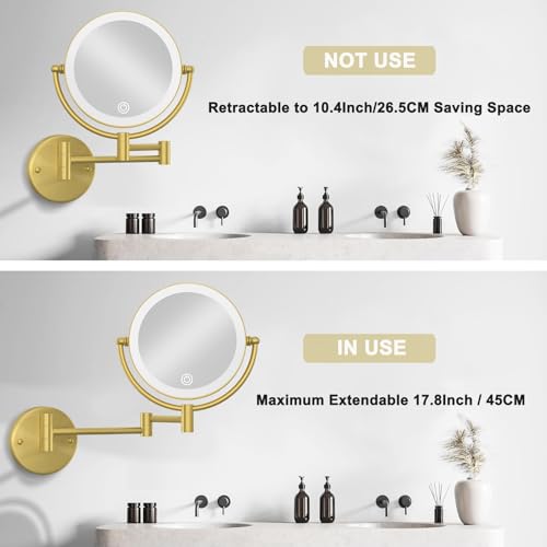 10X Magnifying Makeup Mirror Wall Mounted with Lights, Hardwired | 8-Inch, 3 Color LED Lighting Touch Dimming, Memory Function, Swivel Extended Arm Bathroom Vanity Shaving, Brass Brushed Gold - color: Brushed Gold