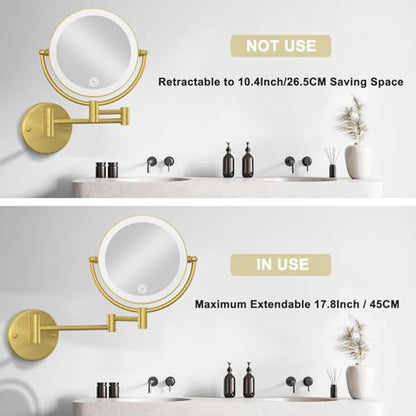 10X Magnifying Makeup Mirror Wall Mounted with Lights, Hardwired | 8-Inch, 3 Color LED Lighting Touch Dimming, Memory Function, Swivel Extended Arm Bathroom Vanity Shaving, Brass Brushed Gold - color: Brushed Gold