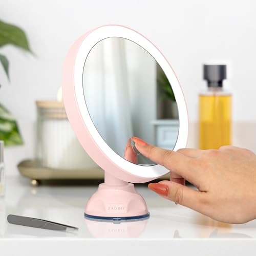 Zadro Zado 8.25-Inch x 6.9-Inch Round LED Lighted Wall Mounted Suction Cup Makeup Mirror with 10X Magnification and Touch Controls (Pink) - color: Pink