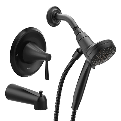 Moen Ronan Matte Black Single-Handle Modern Tub and Shower Faucet with Round Handheld Rainshower Spray Head Featuring Magnetix, Valve Included, 82021BL - color: Matte Black, style: Round Showerhead
